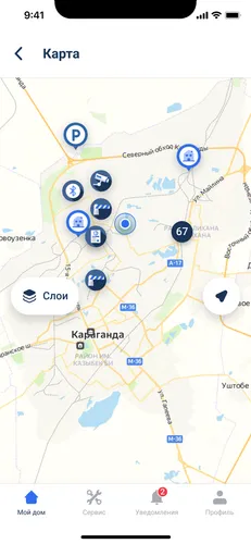 Экран приложения с картой жилого комплекса и метками устройств